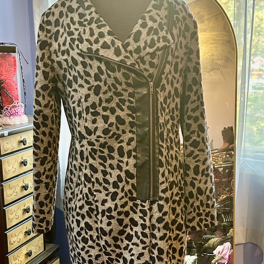 Saks Chic Leopard Print Wool Blend Coat with Faux Leather Trim